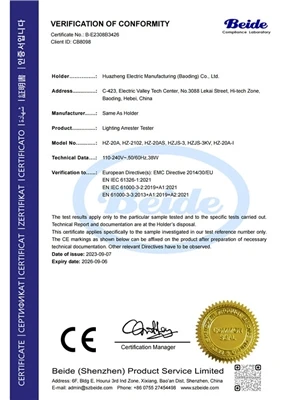 Certifikát EMC CE testera elektrického zvodiča osvetlenia Huazheng